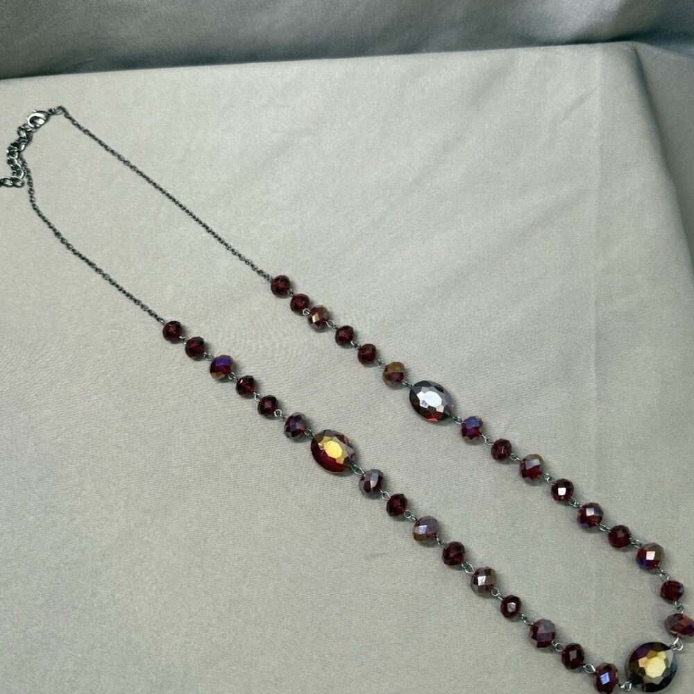 Vintage Crystal Aurora Borealis Ruby Red One Strand Bead Necklace On Metal Chain